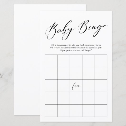 Minimale kalligrafie Bingo Baby shower Game (Voorkant / Achterkant)