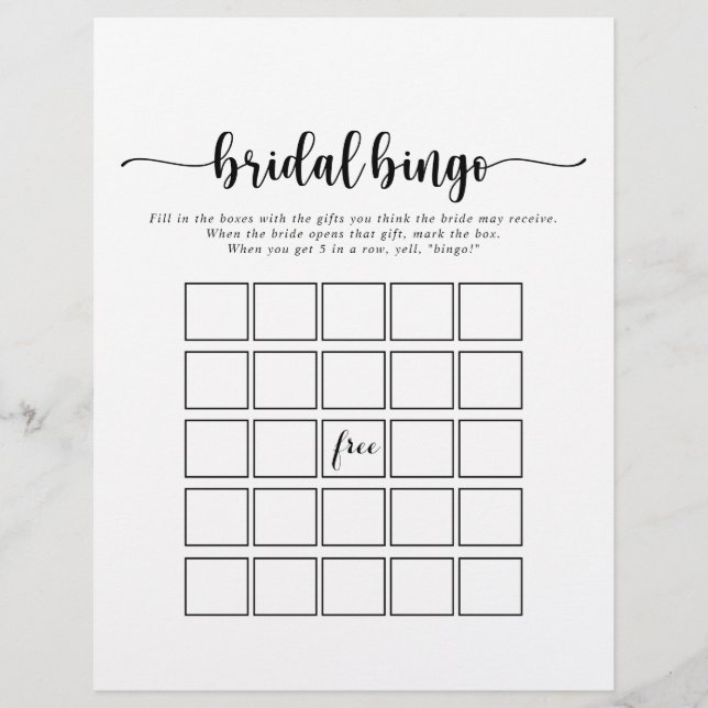 Minimale kalligrafie Bridal Bingo Game (Voorkant)
