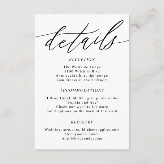 Minimale kalligrafie bruiloft details informatiekaartje (Voorkant)