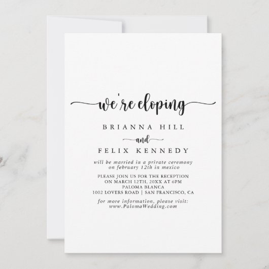 Minimale kalligrafie Elopement Reception Kaart (Voorkant)