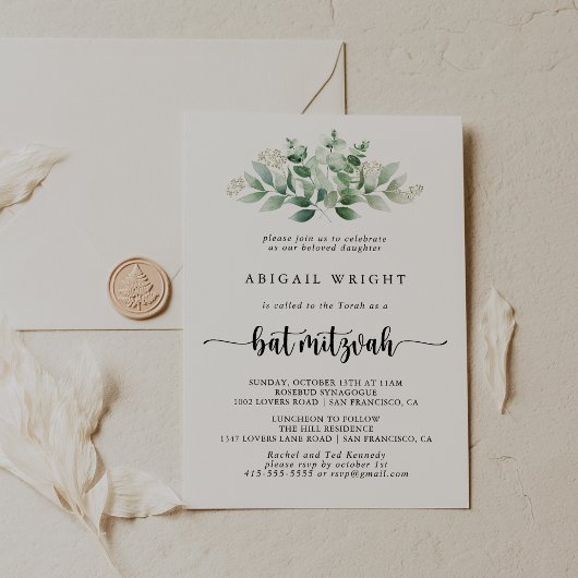Minimale kalligrafie Eucalyptus Bat Mitzvah Kaart