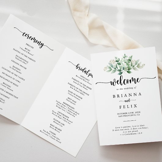 Minimale kalligrafie Eucalyptus Folded Wedding Programma
