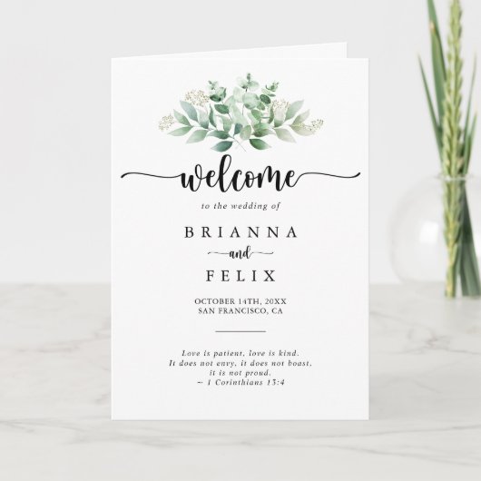 Minimale kalligrafie Eucalyptus Folded Wedding Programma (Voorkant)