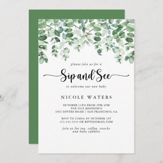 Minimale kalligrafie Eucalyptus Sip en Zie Kaart (Voorkant / Achterkant)