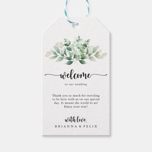 Minimale kalligrafie Eucalyptus Weddenschap Welkom Cadeaulabel (Voorkant)