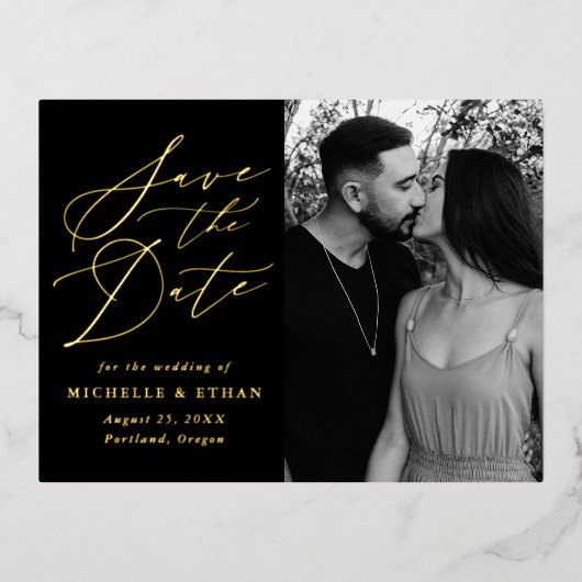 Minimale kalligrafie Foto Opslaan Datum Folie Uitnodiging Briefkaart (Voorkant)