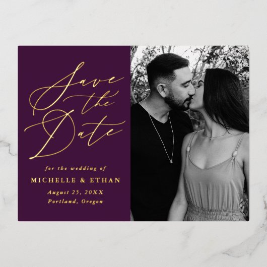 Minimale kalligrafie Foto Opslaan Datum Folie Uitnodiging Briefkaart (Voorkant)