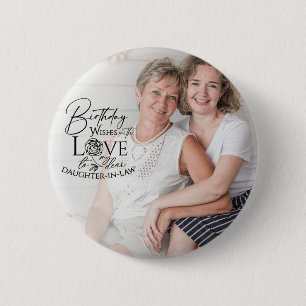 Minimale kalligrafie foto verjaardag schoondochter ronde button 5,7 cm