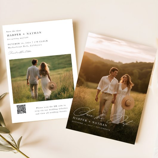 Minimale kalligrafie Fotobruiloft QR-code Save The Date