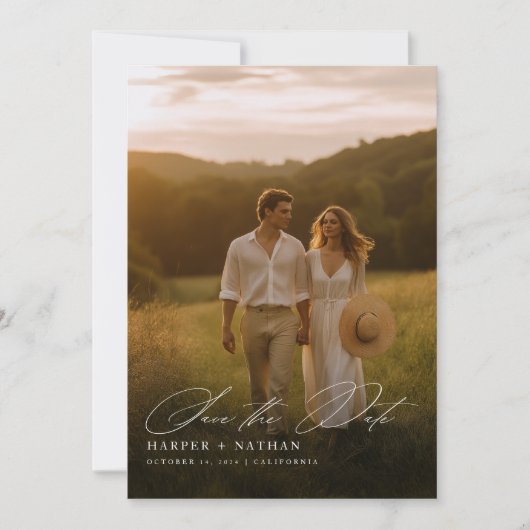 Minimale kalligrafie Fotobruiloft QR-code Save The Date (Voorkant)