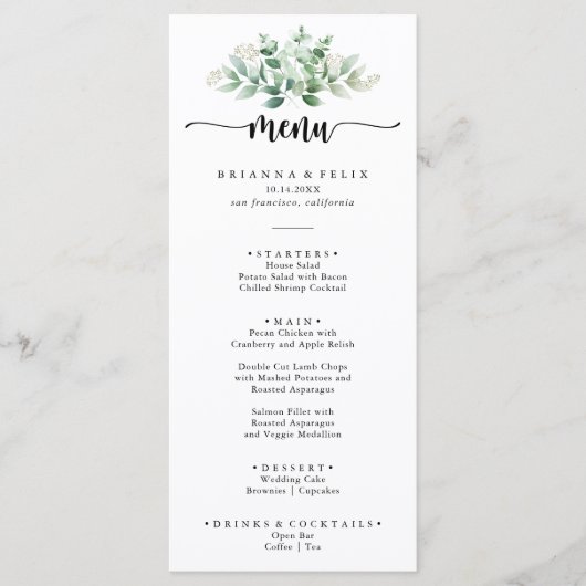 Minimale kalligrafie Groene Eucalyptus Dinner Menu (Voorkant)