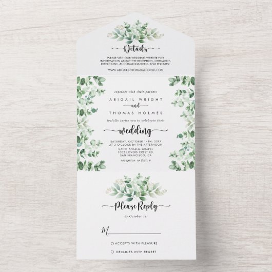 Minimale kalligrafie Groene Eucalyptus Weddenschap All In One Uitnodiging (Binnen)