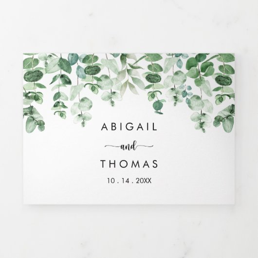 Minimale kalligrafie Groene Eucalyptus Weddenschap Drieluik Uitnodiging (Cover)