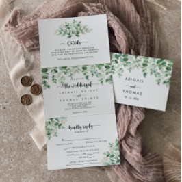 Minimale kalligrafie Groene Eucalyptus Weddenschap Drieluik Uitnodiging