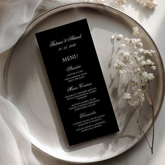 Minimale kalligrafie script zwart huwelijksdiner menu