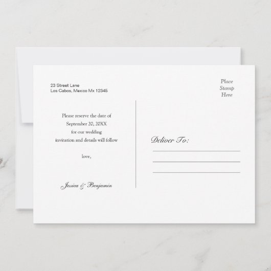 Minimale kalligrafie scriptuur trouwfoto vervaagd save the date (Achterkant)