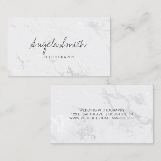 Minimale kalligrafie Silver White Folie Marble Visitekaartje (Voorkant / Achterkant)