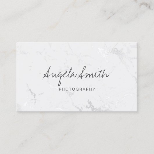 Minimale kalligrafie Silver White Folie Marble Visitekaartje (Voorkant)