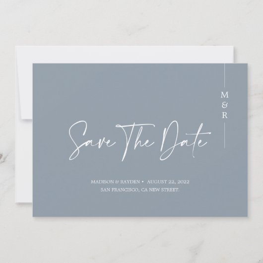 Minimale kalligrafie Stusty Blue Monogram Weddensc Save The Date (Voorkant)