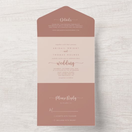 Minimale kalligrafie Terracotta Wedding All In One Uitnodiging (Binnen)