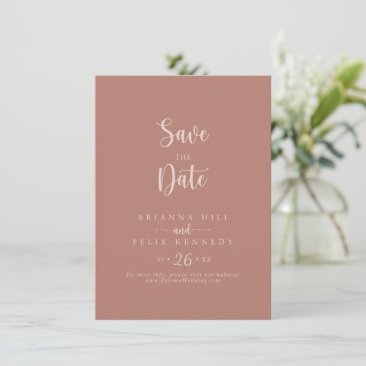 Minimale kalligrafie Terracotta Wedding Save The Date (Staand voorkant)