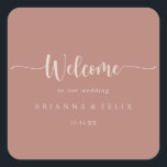 Minimale kalligrafie Terracotta Wedding Welkom Vierkante Sticker<br><div class="desc">Deze minimalistische kalligrafie terracotta bruiloft welkome sticker is perfect voor een rustige bruiloft. Het eenvoudige en elegante ontwerp kenmerkt klassieke en fancy manuscripttypografie. Deze etiketten zijn perfect voor gastgastkoffers en bestemmingsbruiloften.</div>