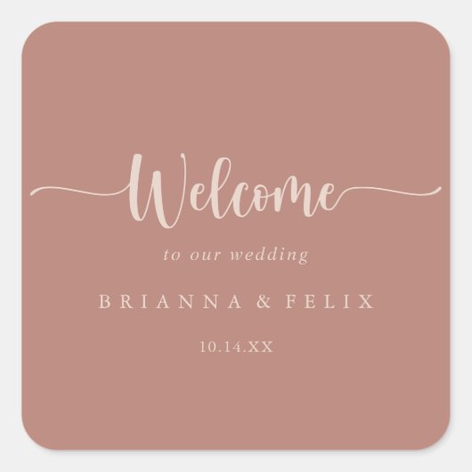 Minimale kalligrafie Terracotta Wedding Welkom Vierkante Sticker (Voorkant)