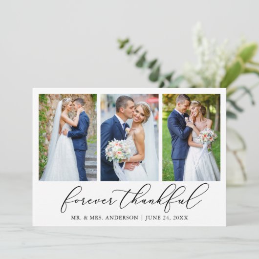 Minimale kalligrafie Thankful 3 Fotobruiloft Bedankkaart (Staand voorkant)