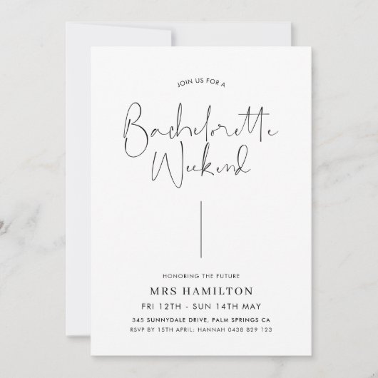 Minimale kalligrafie vrijgezellenfeest weekend iti kaart (Voorkant)
