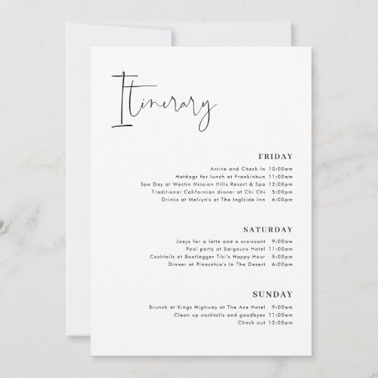 Minimale kalligrafie vrijgezellenfeest weekend iti kaart (Achterkant)