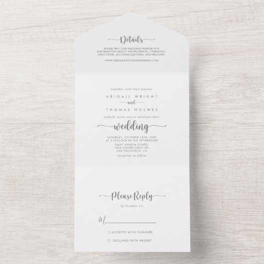 Minimale kalligrafie Zilverwedding All In One Uitnodiging (Binnen)