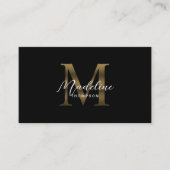 Minimale kalligrafie zwart metallic goud monogram visitekaartje (Voorkant)