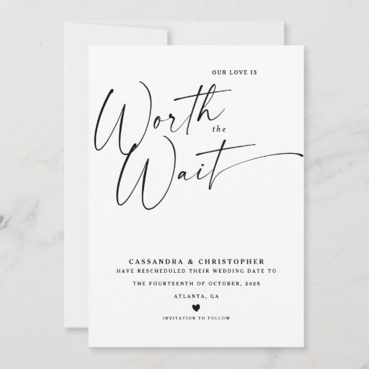 Minimale kalligrafie zwart-witbruiloft nieuw save the date (Voorkant)