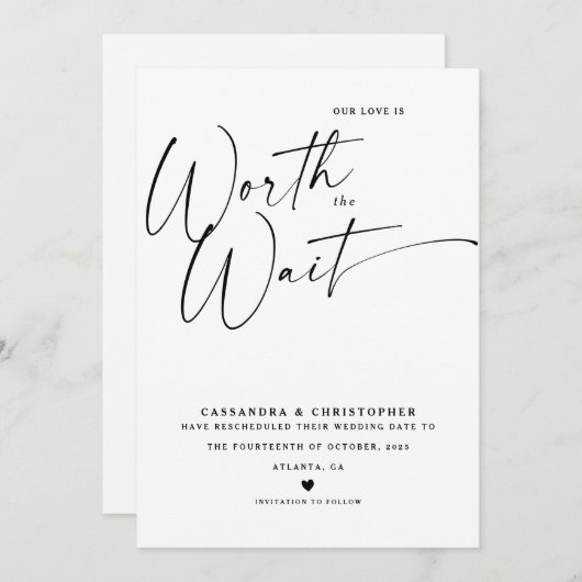 Minimale kalligrafie zwart-witbruiloft nieuw save the date (Voorkant / Achterkant)