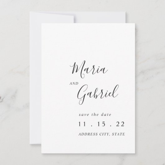 Minimale kalligrafie zwarte witte bruiloft save the date (Voorkant)