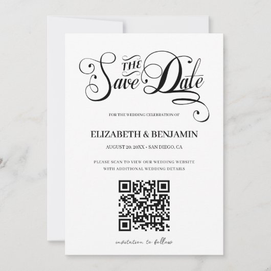 Minimale kalligrafiescript QR Code 3 Foto opslaan Save The Date (Voorkant)