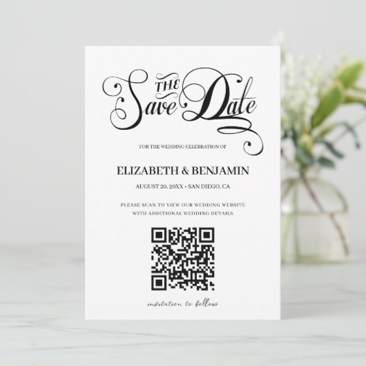 Minimale kalligrafiescript QR Code 3 Foto opslaan Save The Date (Staand voorkant)