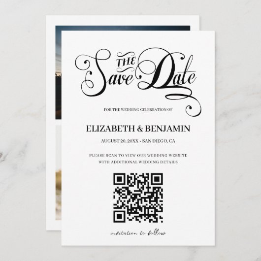 Minimale kalligrafiescript QR Code 3 Foto opslaan Save The Date (Voorkant / Achterkant)