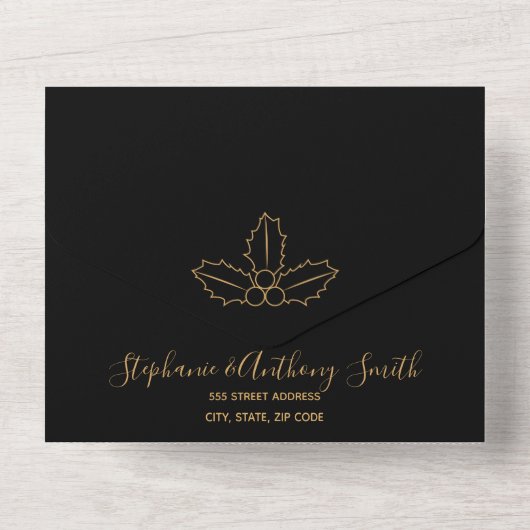 Minimale kerst met zwarte en goudmasten all in one uitnodiging (Achterkant)