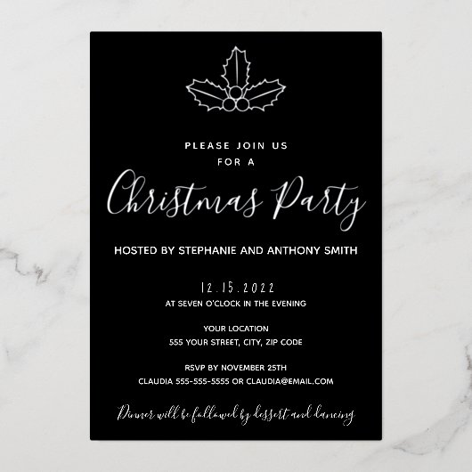 Minimale kerst met zwarte en goudmasten folie uitnodiging (Voorkant)