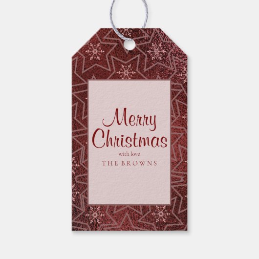 Minimale kerst sneeuwvlokken en sterren Maroon Cadeaulabel (Voorkant)