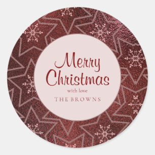 Minimale kerst sneeuwvlokken en sterren Maroon Ronde Sticker