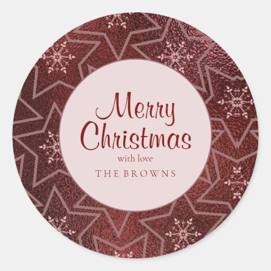 Minimale kerst sneeuwvlokken en sterren Maroon Ronde Sticker (Voorkant)
