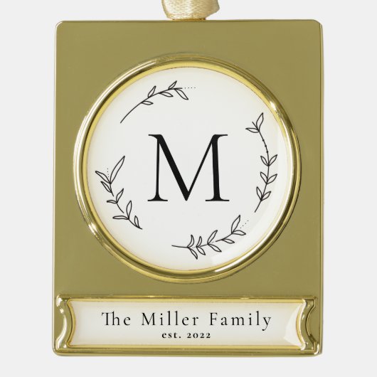 Minimale kerst van zwarte en witte monogram verguld banner ornament (Voorkant)