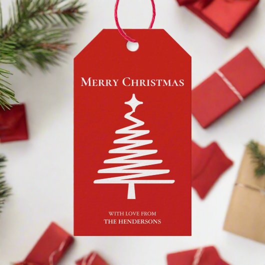 Minimale kerstboom rood en wit cadeaulabel