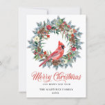 Minimale kerstcadeaugroet feestdagenkaart<br><div class="desc">Elegant dennenaaltje met rode bloemen en dennenappels. Een rode kardinaal zit in het midden. Personaliseer met jouw naam en jaar.</div>