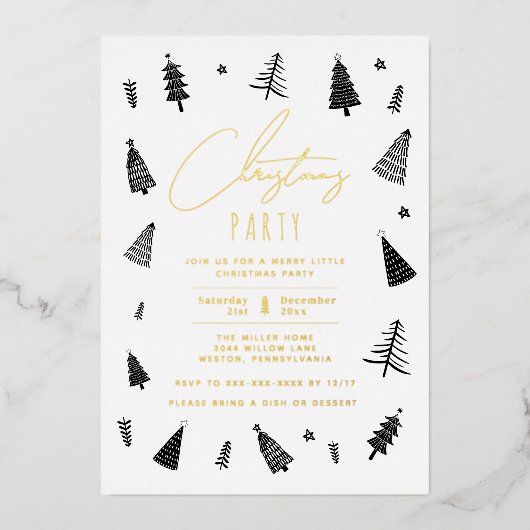 Minimale kerstfeestdag in zwart-wit folie uitnodiging (Voorkant)