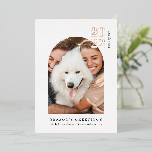 Minimale kerstfeestdag voor foto's roze roze kerst folie uitnodiging (Staand Voorkant)