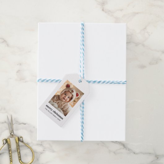 Minimale kerstfoto Moderne aangepaste vakantie Cadeaulabel (Met Touw)