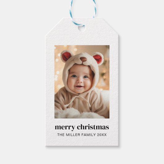 Minimale kerstfoto Moderne aangepaste vakantie Cadeaulabel (Voorkant)